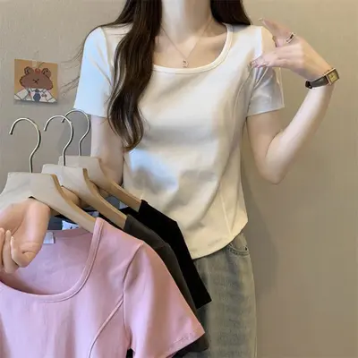 Square Collar Fishbone Short Sleeve T-Shirt Women's Wear South Korea 2024 Summer Slimming Short Spice Collarbone Is Shoulder Clothes
