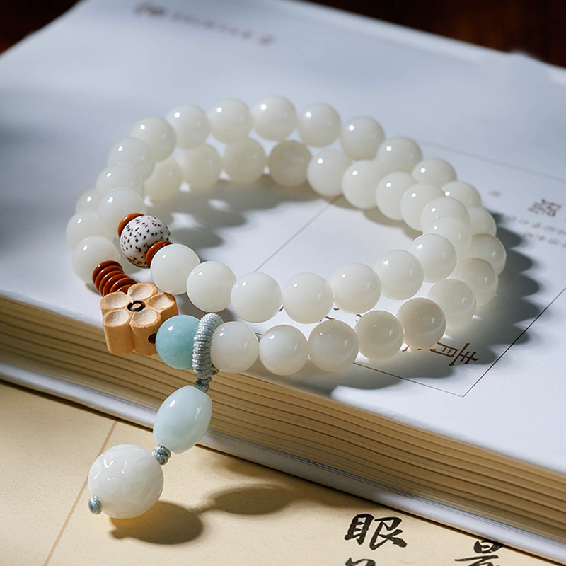 He Qian Bodhi Root Bucket Bead Double Ring Bracelet, Exquisitely crafted White Jade Bucket Bead Cultural Play Double Ring Bracelet, Buddha Bead Factory wholesale Application Scenario