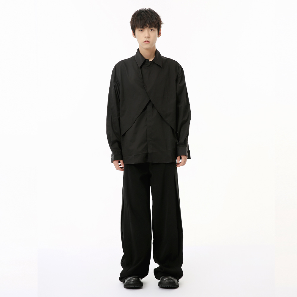 MTLCLOTHES men's Wear: 2024 Autumn Collection New French deconstructed cross-design sense, elegant solid color shirt trend Specification image