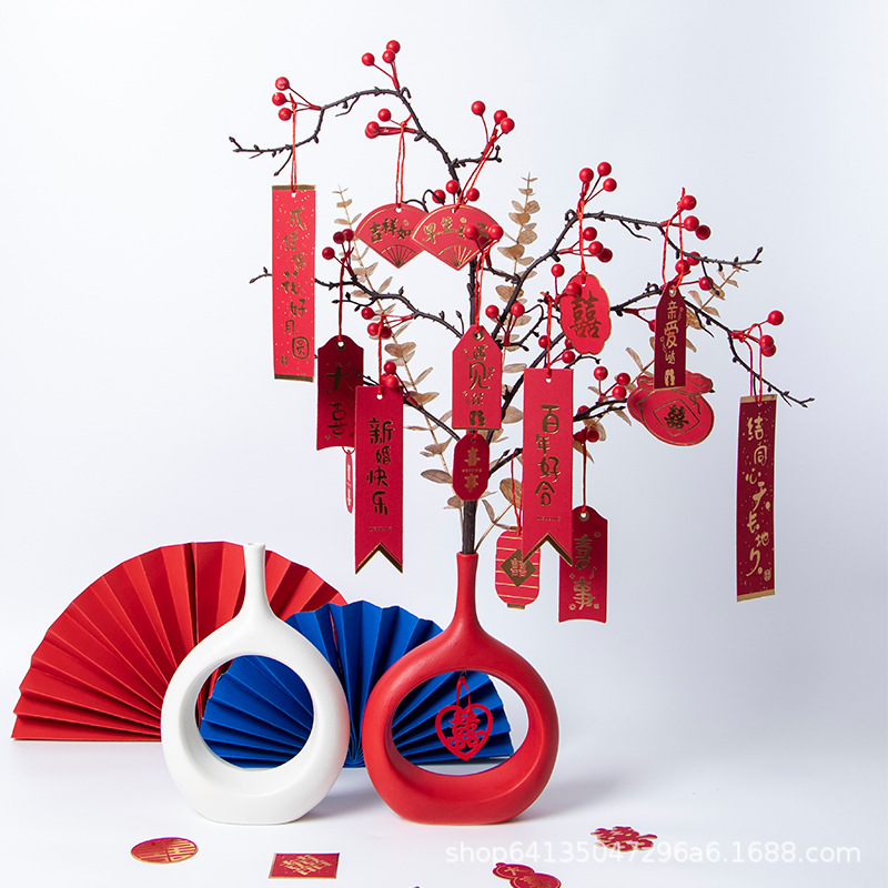 现代风中国红陶瓷花瓶摆件婚庆结婚乔迁新年家居布置仿真花装饰详情图3
