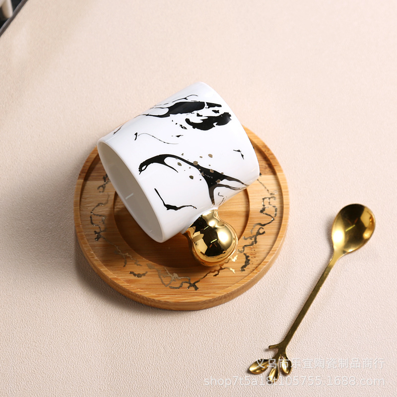 Gold Creative European Ceramic Cup Round Handle Mug Saucer With Spoon Saucer Color Glaze Business Gift Afternoon Tea Coffee Cup details Picture