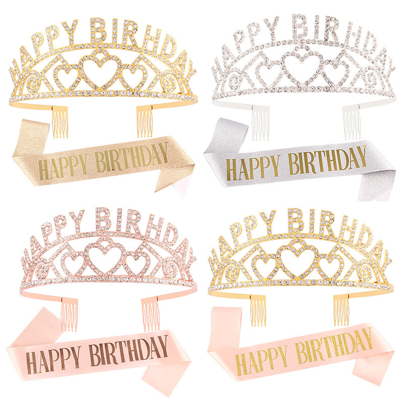 新品现货国际站HAPPY BIRTHDAY皇冠公主发饰生日皇冠派对用品肩带