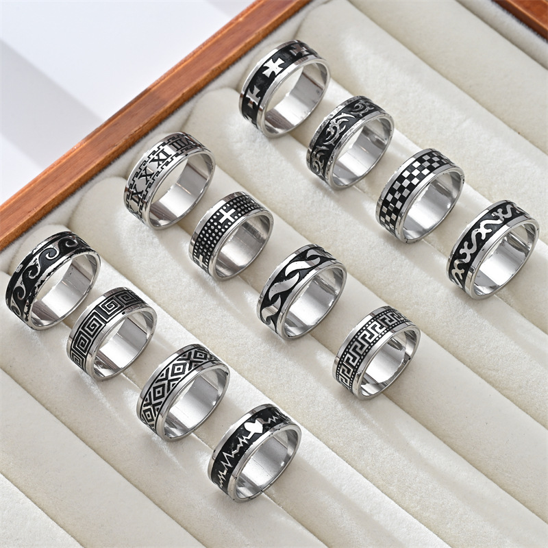 跨境钛钢戒指龙纹心电图心形不易掉色男女不锈钢手饰 饰品批发