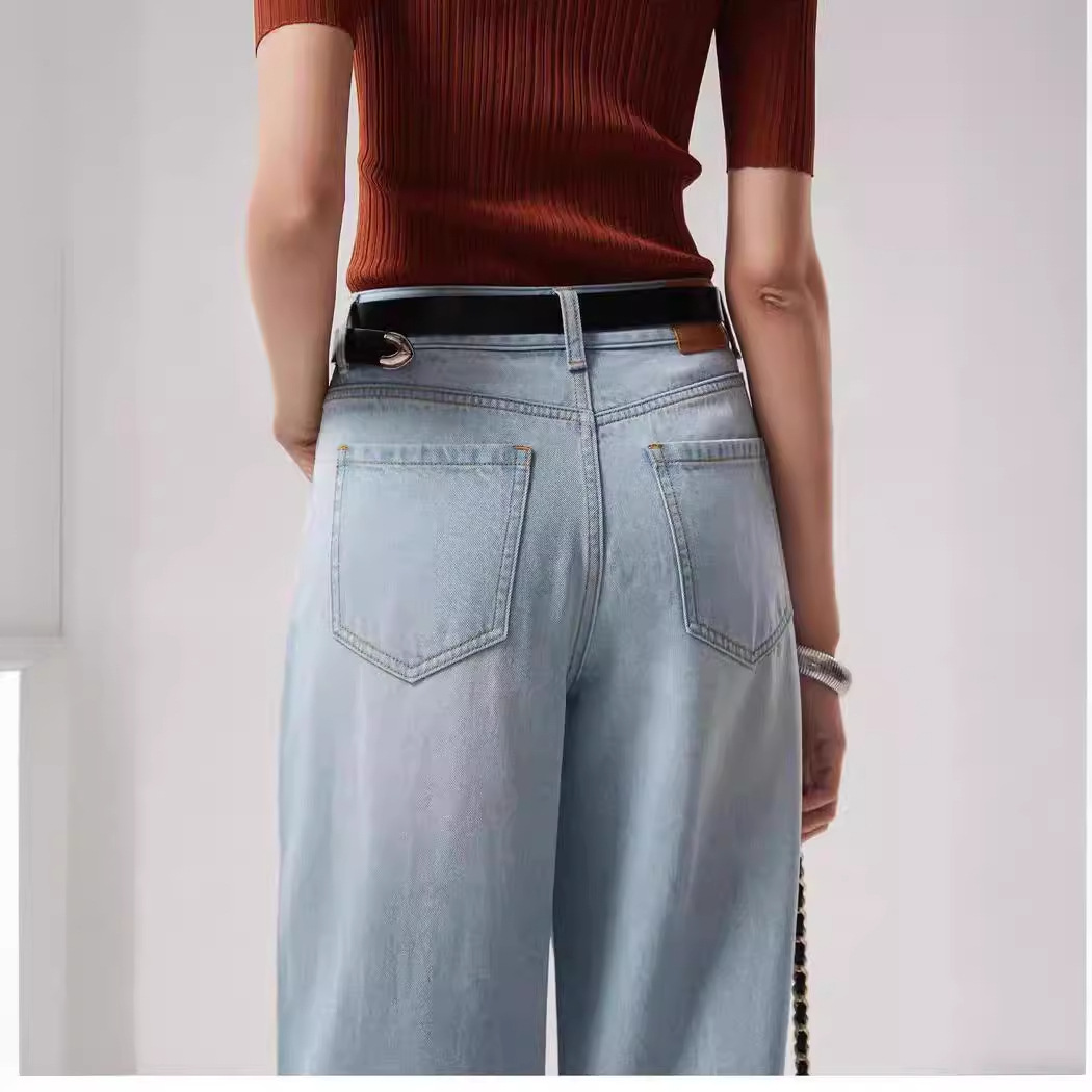 2024 New design Tencel long-staple cotton matte washed high-waisted straight-leg long pleated jeans for women Specification image