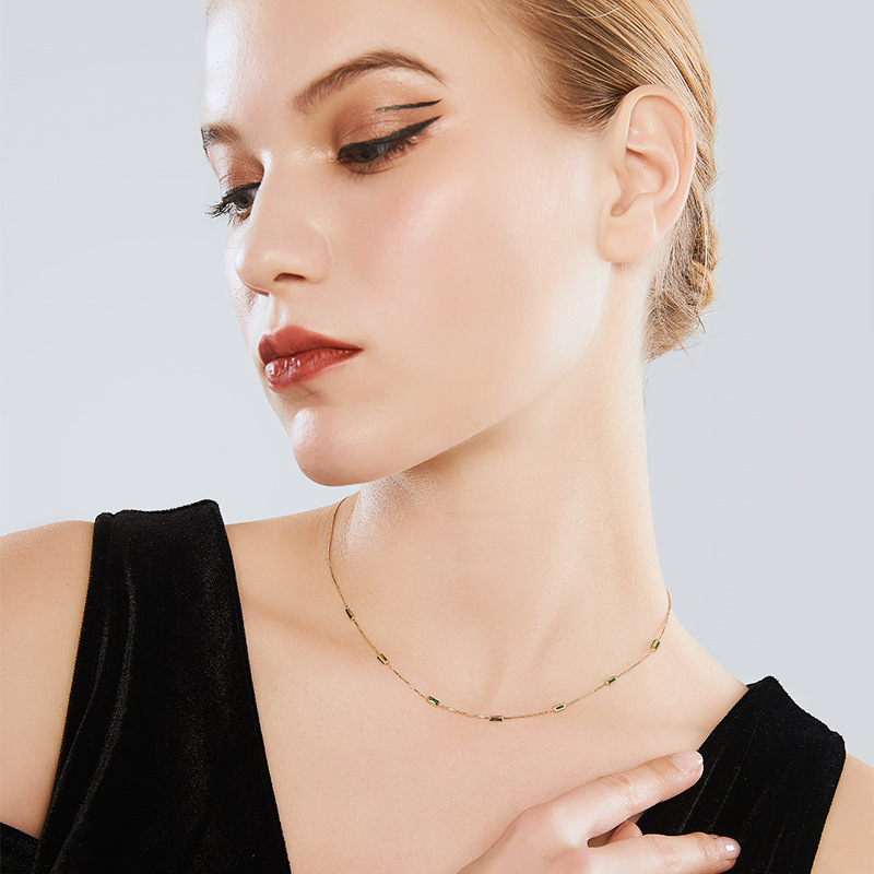 Yashlief European and American jewelry wholesale accessories box chain nano green square zircon collar 925 silver necklace