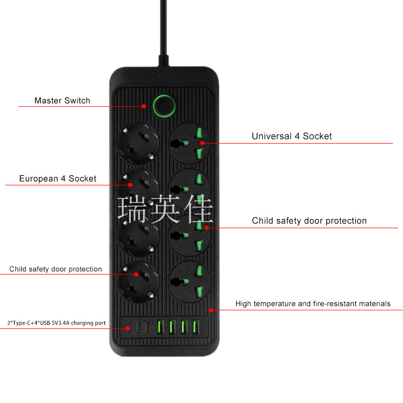 European German standard power strip, USB charging socket for Turkey and Egypt, cross-border export extension cable, power strip, anti-electric shock Specification image