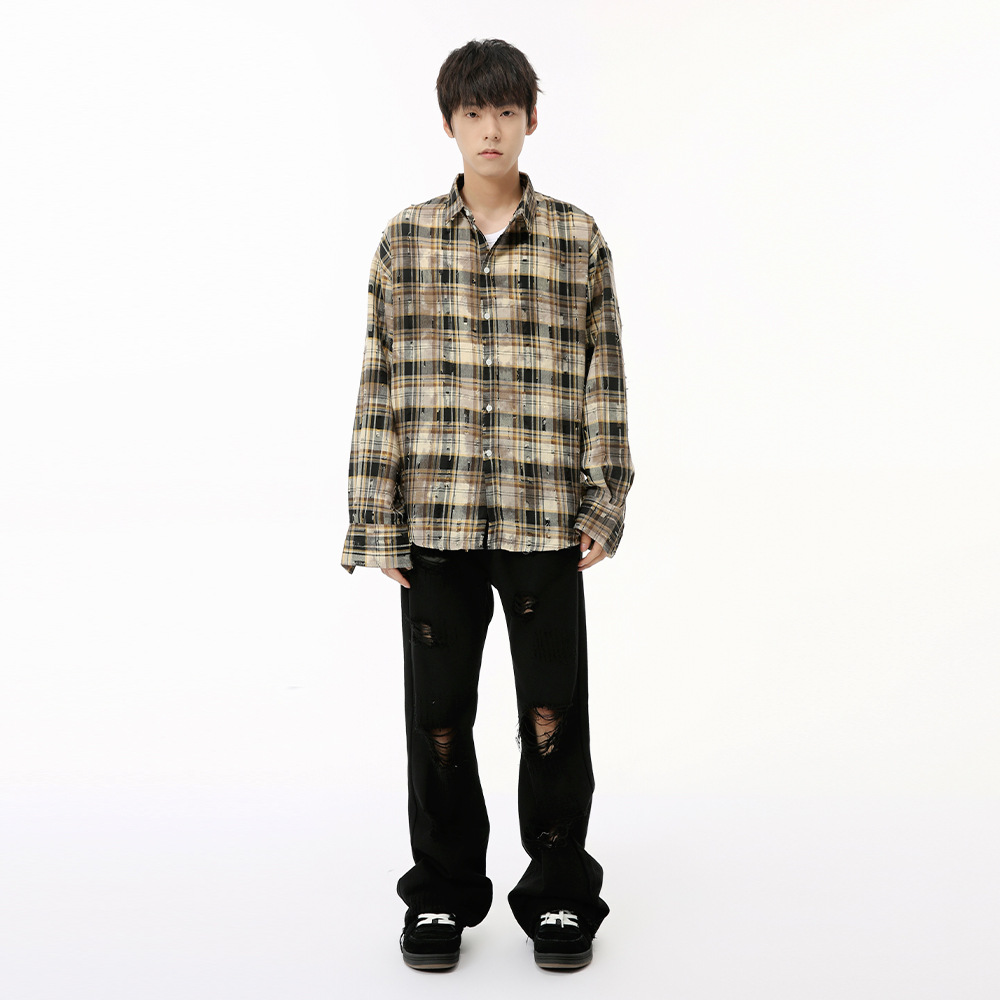 MTLCLOTHES men's Wear: New Autumn 2024 collection - a niche Japanese-style checkered and color-blocking casual loose shirt Application Scenario