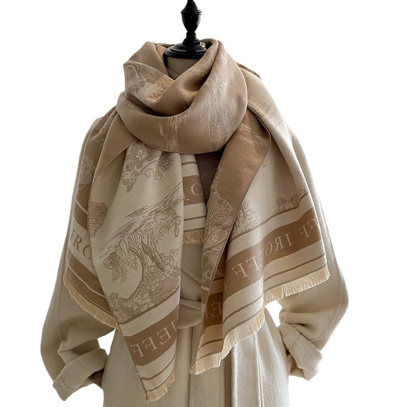 Jacquard landscape painting imitation cashmere scarf, thick and warm long trendy cross-border scarf for women's office air-conditioned room Item Picture