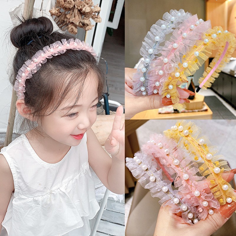 Children's hair bands, Korean mesh imitation pearl lace princess hair accessories, cute baby girls' hair clips, compression hair accessories