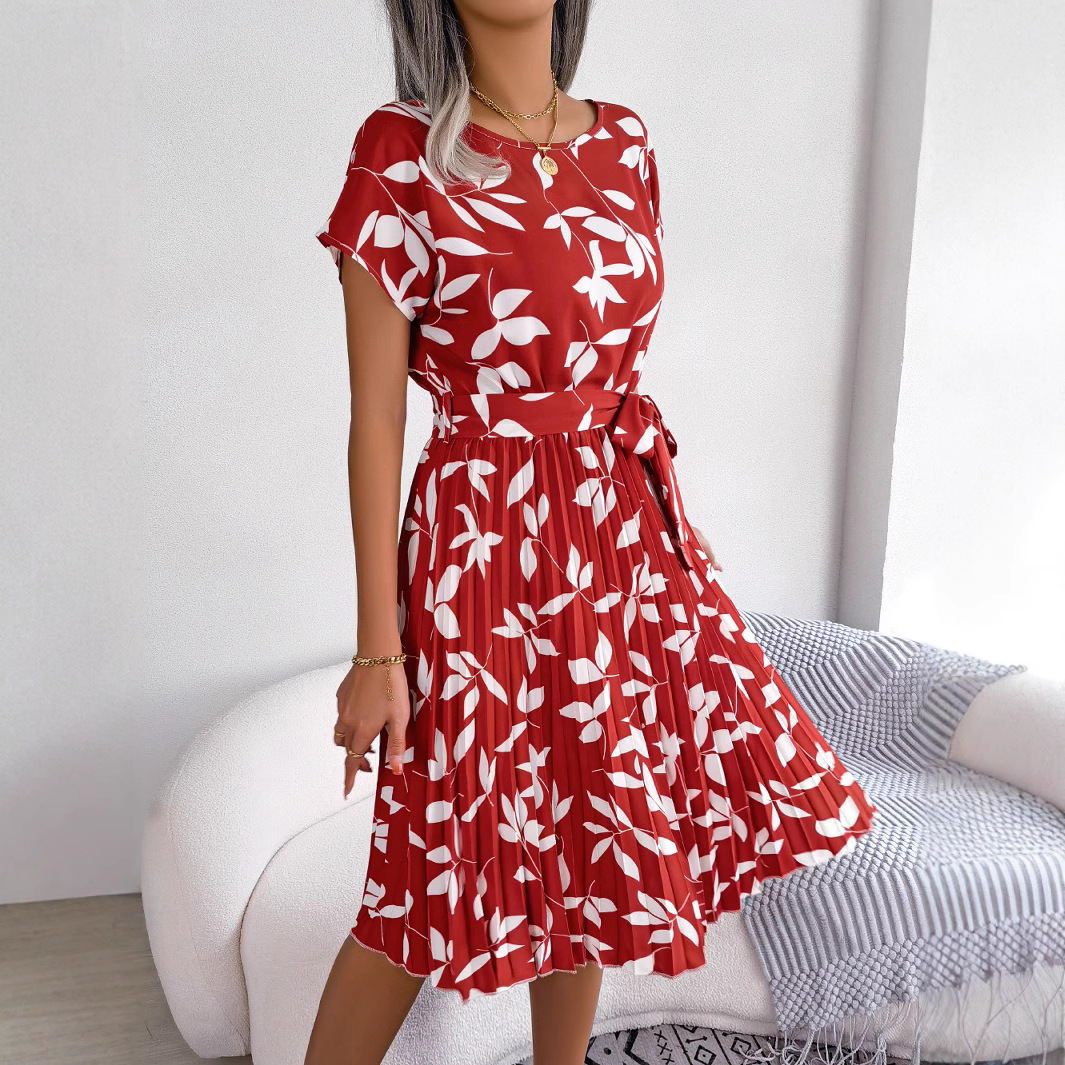 Instags-style real photos of spring and summer European and American casual leaf short-sleeved wide-swing pleated dress Amazon cross-border women's clothing details Picture