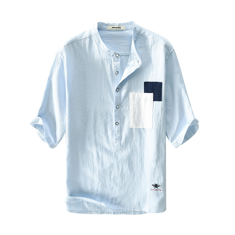 New five-quarter sleeve cotton and linen patch linen short-sleeved shirt for men, single piece consignment T2113 Item Picture