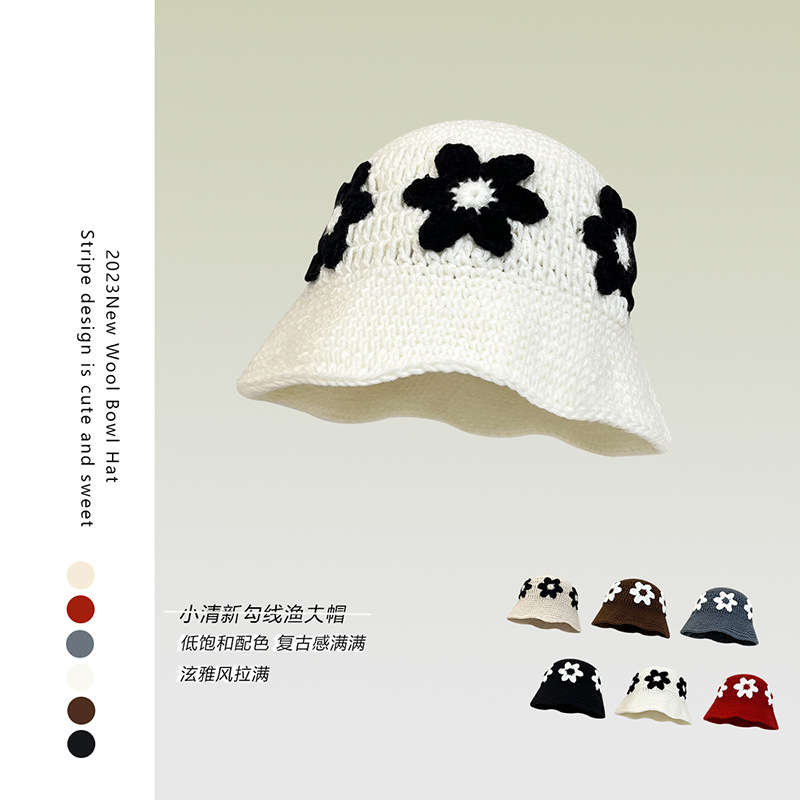Korean Version Of Instagram Hyuna Wind Flower Knitted Fisherman Hat Female Spring And Autumn Temperament All Match Face Small Hand Hook Flower Pot Hat details Picture