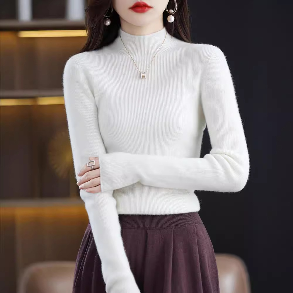 First-line ready-to-wear seamless semi-high-neck wool sweater, women's pullover, pull-out sweater, slim and versatile cashmere knitted base layer Item Picture