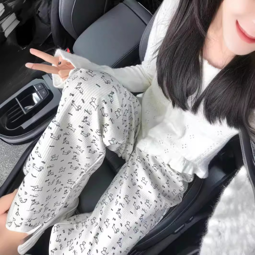 可爱狗狗冰丝阔腿裤女夏季薄款2024新款小个子宽松垂感直筒休闲裤