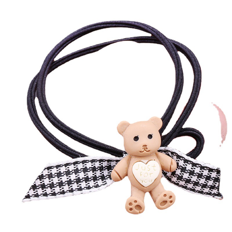 Korean cute little bear rubber band, checkered bow, black hair tie, cartoon head accessory, ponytail hair tie, hair accessory Item Picture