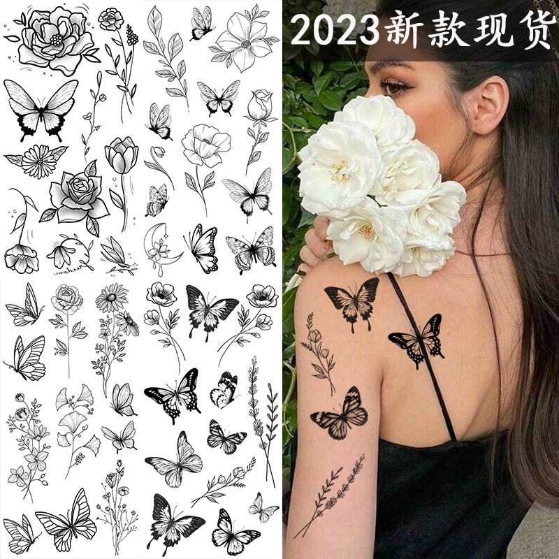 跨境专供 素描花朵纹身贴 素描纹身贴纸 玫瑰花朵黑白花朵 tattoo