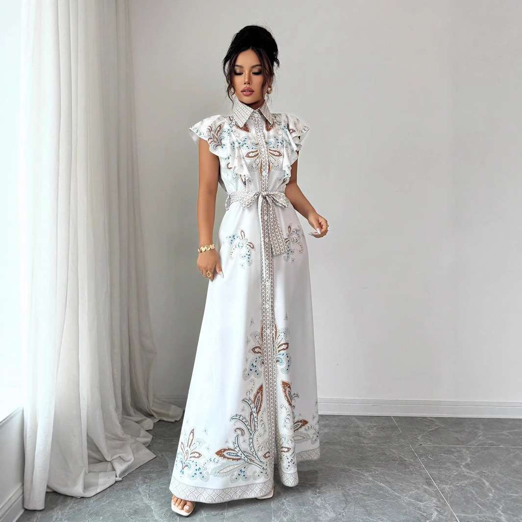 This is a new spring and autumn collection of a retro court-style printed long-sleeved, waist-cinching, wide-swing long dress with a fashionable single-breasted stand-up collar Item Picture