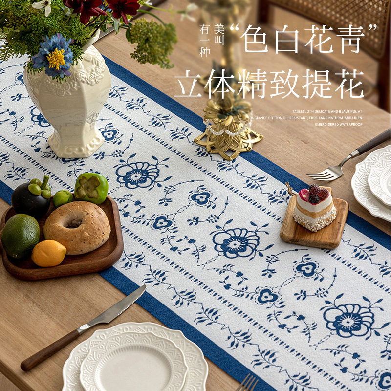 Cool yuki nueva venta caliente americano moderno creativo moda simple gran tabla cuadrada bandera chenille jacquard tira larga mantel sala de estar estudio mesa de té estilo antiguo borlas bandera de té estera details Picture