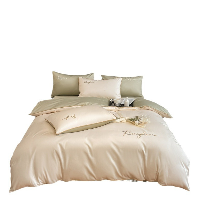 Light luxury 60-count long-staple cotton four-piece set, pure cotton bed sheet and duvet cover, high-end bed hat style, dormitory bedding three-piece set 4