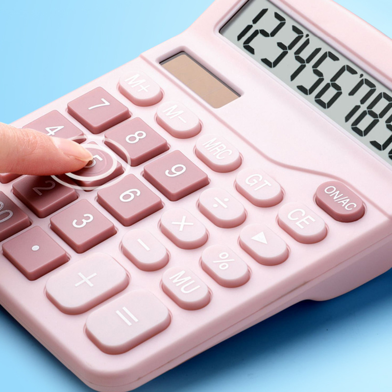 Office special pink solar calculator student large electronic computer 12 bit double power calculator details Picture
