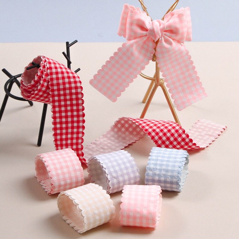 Korean Version Of Wavy Border Summer Macaron Plaid With Diy Bow Baked Flowers Dress Decorative Ribbon