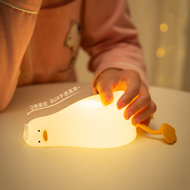 Lying flat Duck night light, patting light, silicone LED, turning duck, charging, bedside companion, mobile phone stand, night light creativity details Picture