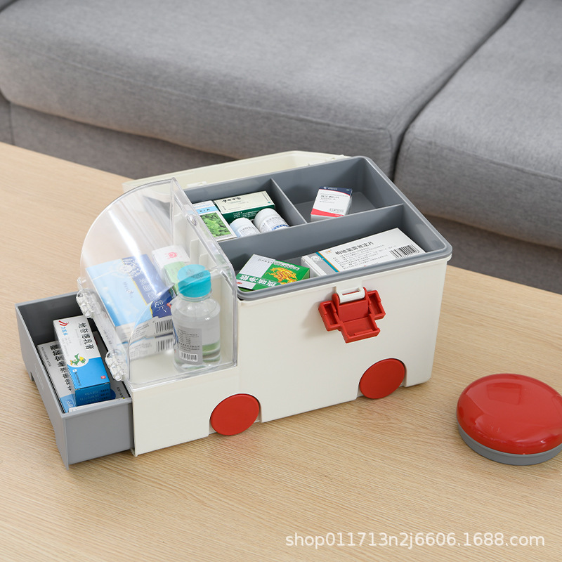家用医用箱/药品收纳箱/新品医药箱/卡通救护车医药箱白底实物图