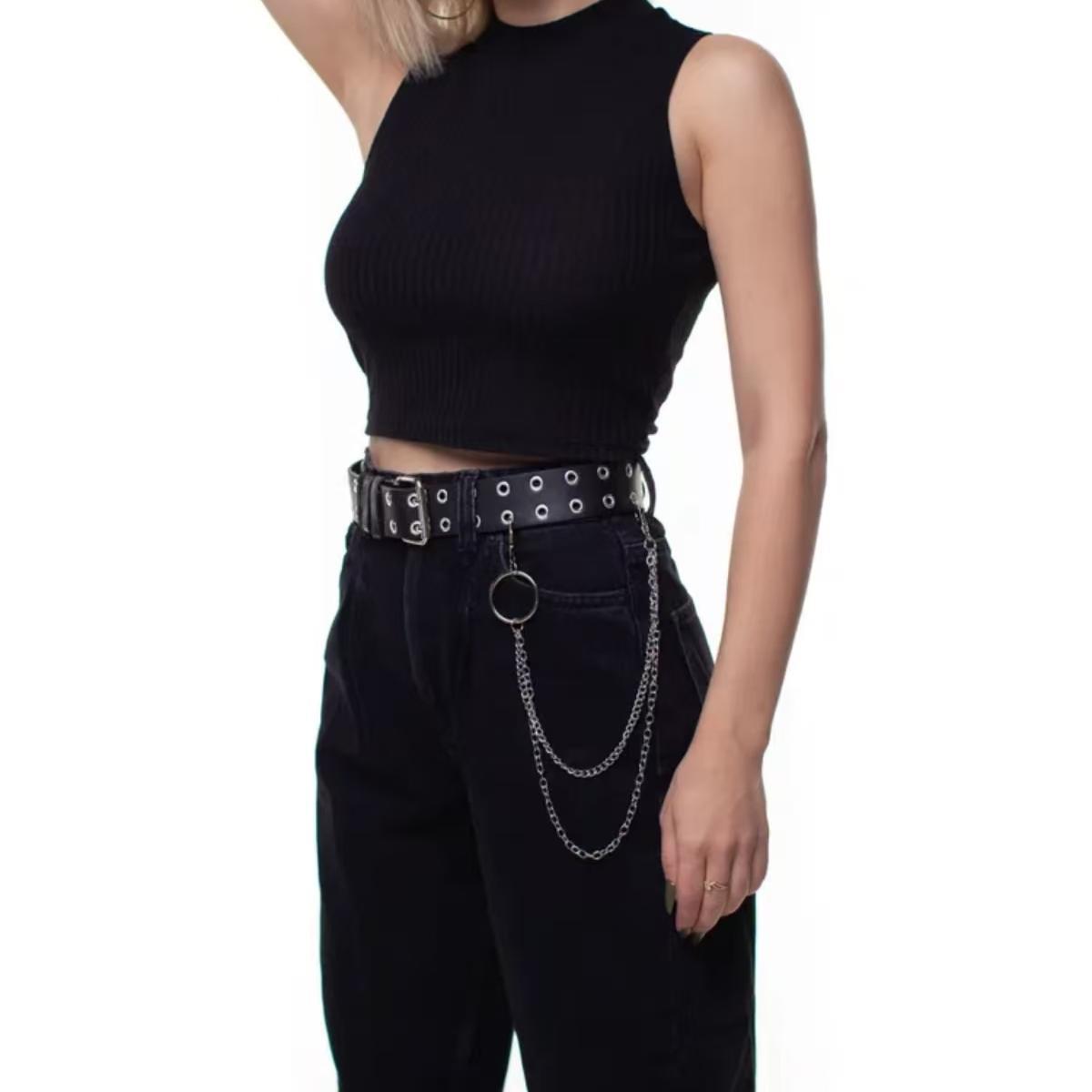 A retro and unique black double-breasted metal chain belt for women, a versatile belt accessory for women Specification image