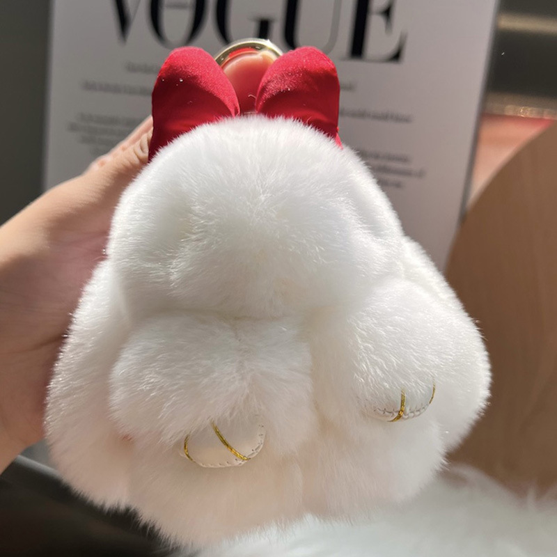 Cute Rex rabbit fur bow, little rabbit, car keychain, pendant, ins plush toy, schoolbag Specification image