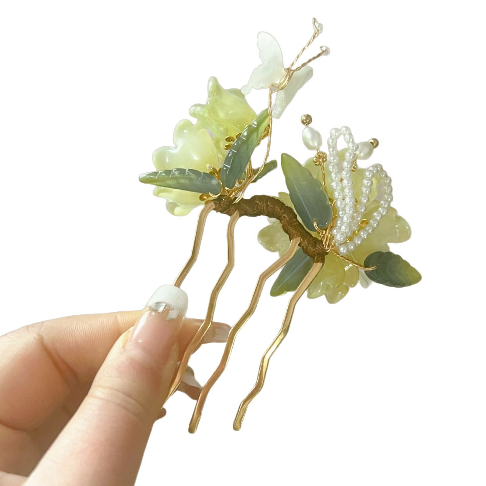 国潮国风古风绿色芍药发梳新中式缠花发饰头饰头花女汉服配饰插梳秀禾梳子白底实物图