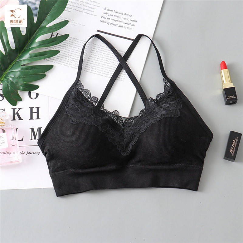 Frameless sports bra, one-piece fixed cotton cup, lace edge, solid color, versatile basic style 0036 for women details Picture