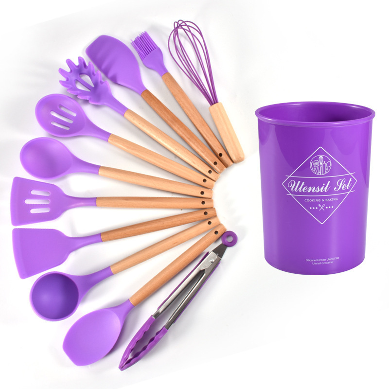 Cross-Border Silicone Kitchenware 12-Piece Wooden Handle Silicone Kitchenware Set Non-Stick Cooking Spoon Silicone Kitchenware Set Item Picture