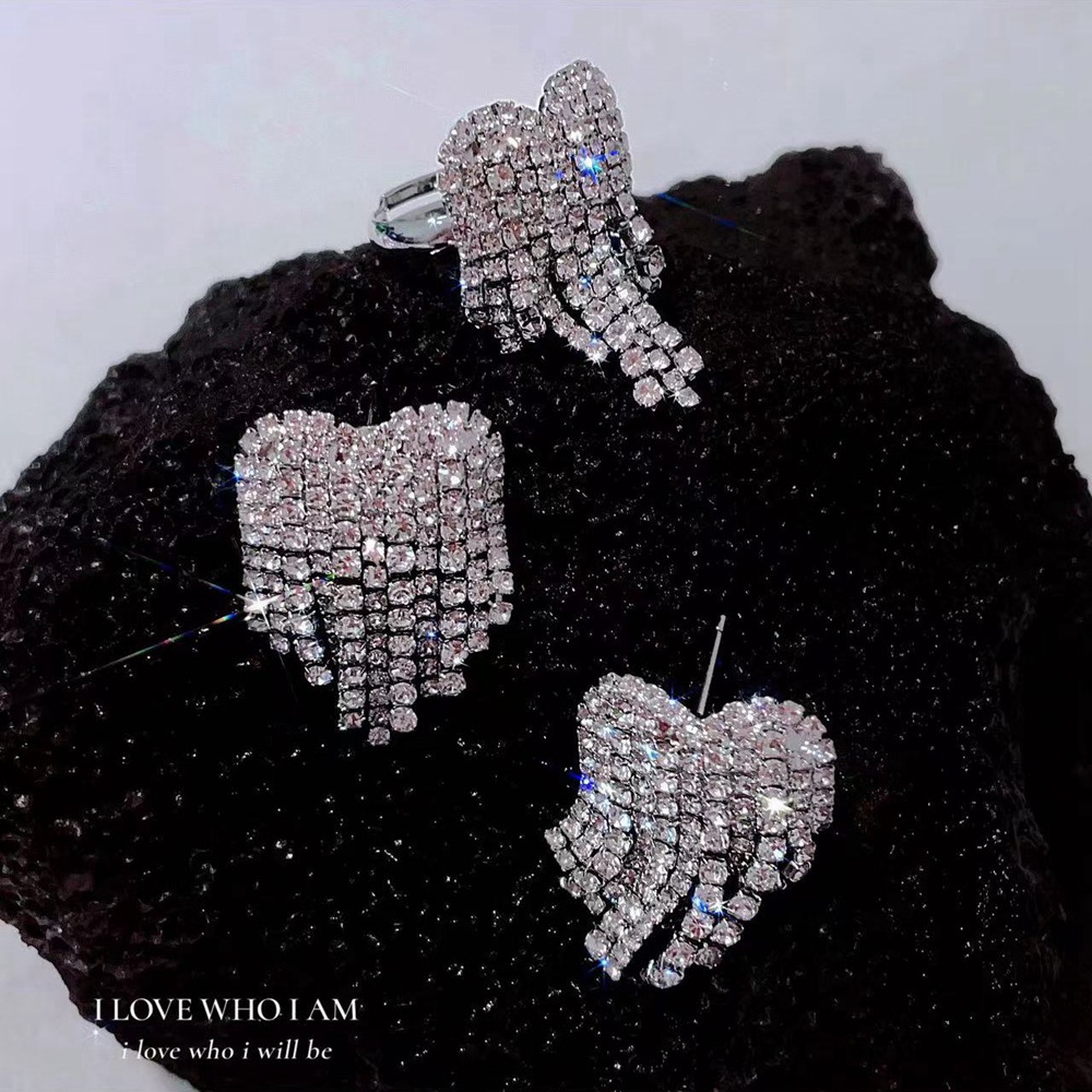 Super sparkling full diamond welding process, heart-shaped tassel silver needle earrings, earrings, open light luxury ring, ring set for women