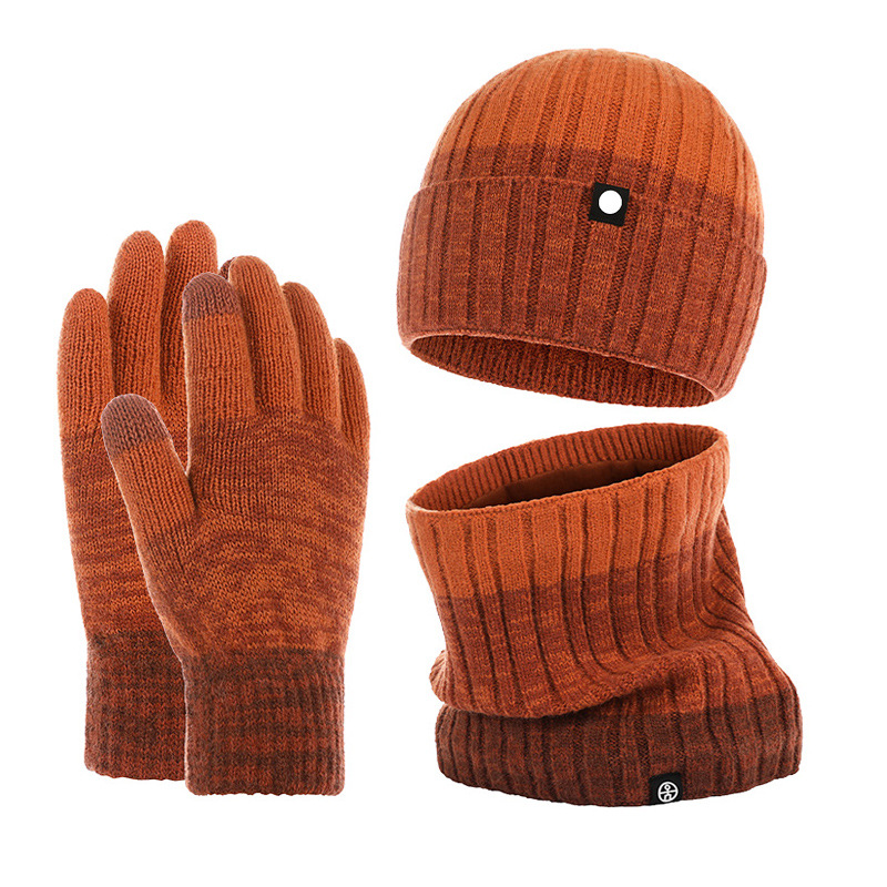 Winter Outdoor Warm Knit Hat Scarf Gloves Three-Piece Gradual Color Matching Alpaca Wool Suit Cross-Border Item Picture