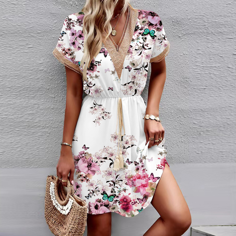 Amazon's 2023 Spring/Summer new Spring/Summer printed short-sleeved lace V-neck cinched waist large swing dress for cross-border trade with Europe and America