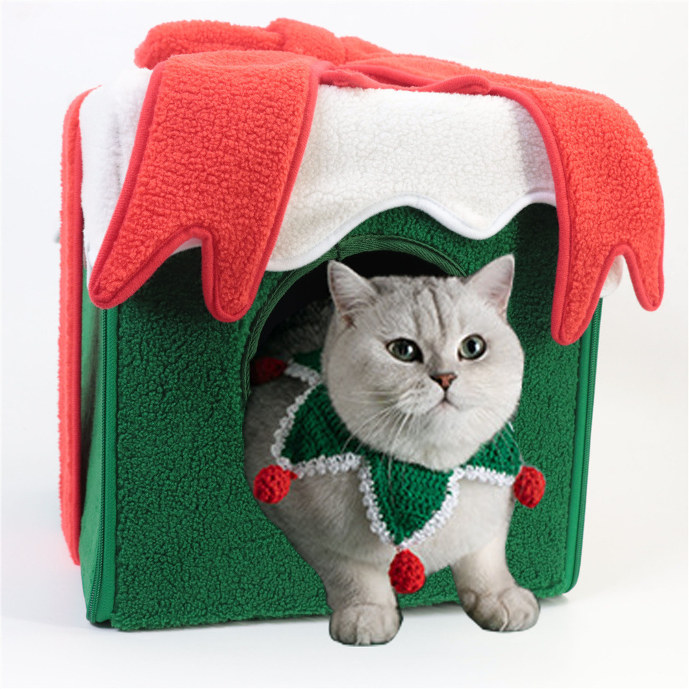 Pet Bed Christmas Edition Large Space dual-purpose square gift box Pet bed Fully enclosed winter warm cat bed
