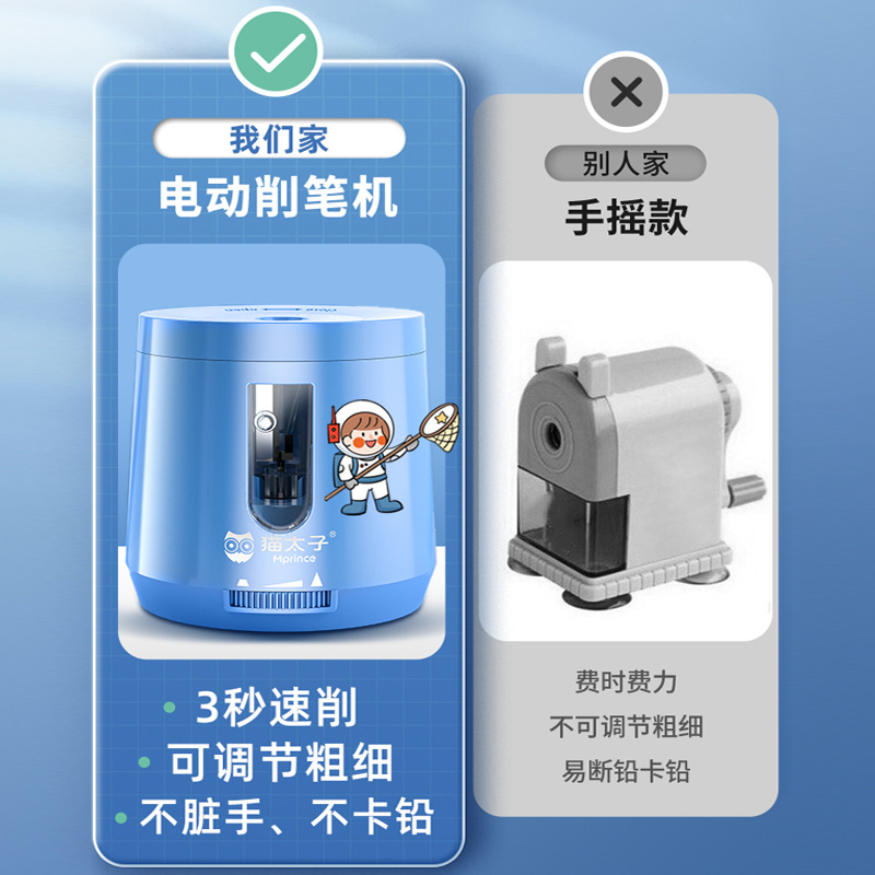 猫太子电动卷笔刀 儿童塑料转笔刀学生卡通削笔器跨境单孔削笔机