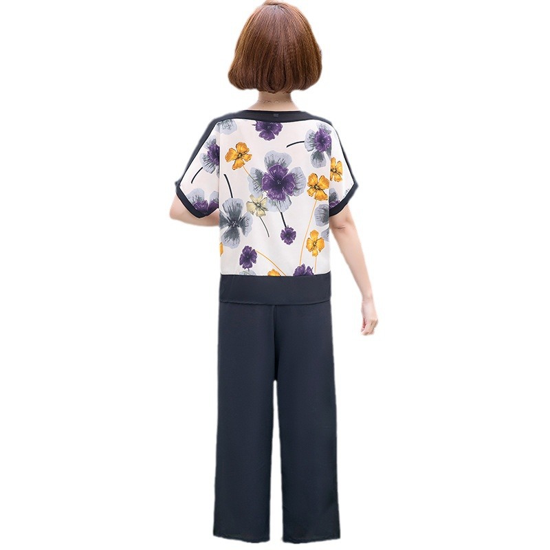 Mom's summer stylish chiffon top two-piece set 2024 new short-sleeved T-shirt for middle-aged and elderly women wide-leg pants set Item Picture