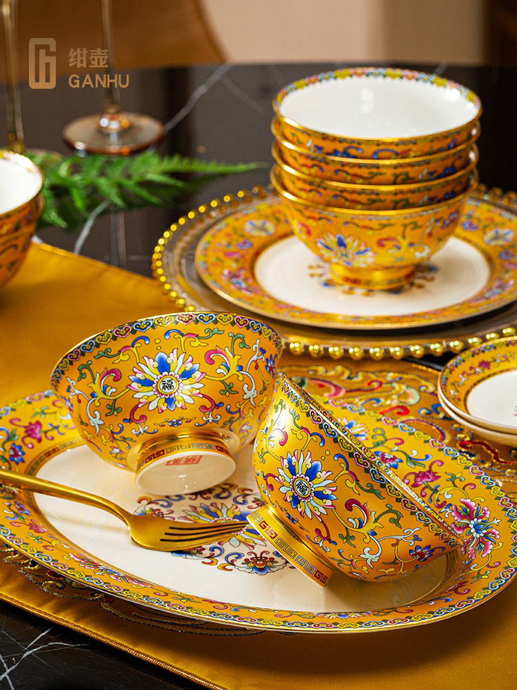 Set of bowls and plates for home use, Jingdezhen ceramic tableware, bone China, light luxury and high-end feel, Qulangcai Qiao Qian Xi Xi bowls and plates Specification image