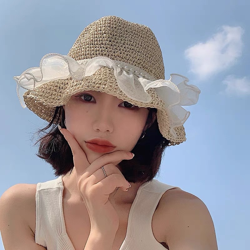 Summer thin straw hat women's lace hollowed out peplum fisherman's hat seaside pearl hand-woven sunscreen visor hat