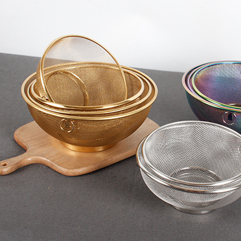 Stainless Steel Kitchen Vegetable Washing Basket, Vegetable Washing Blue Draining Basket, Fruit Basket, Rice Sieve, Fruit Plate Mesh Sieve, Frying Sieve, Dense Mesh details Picture