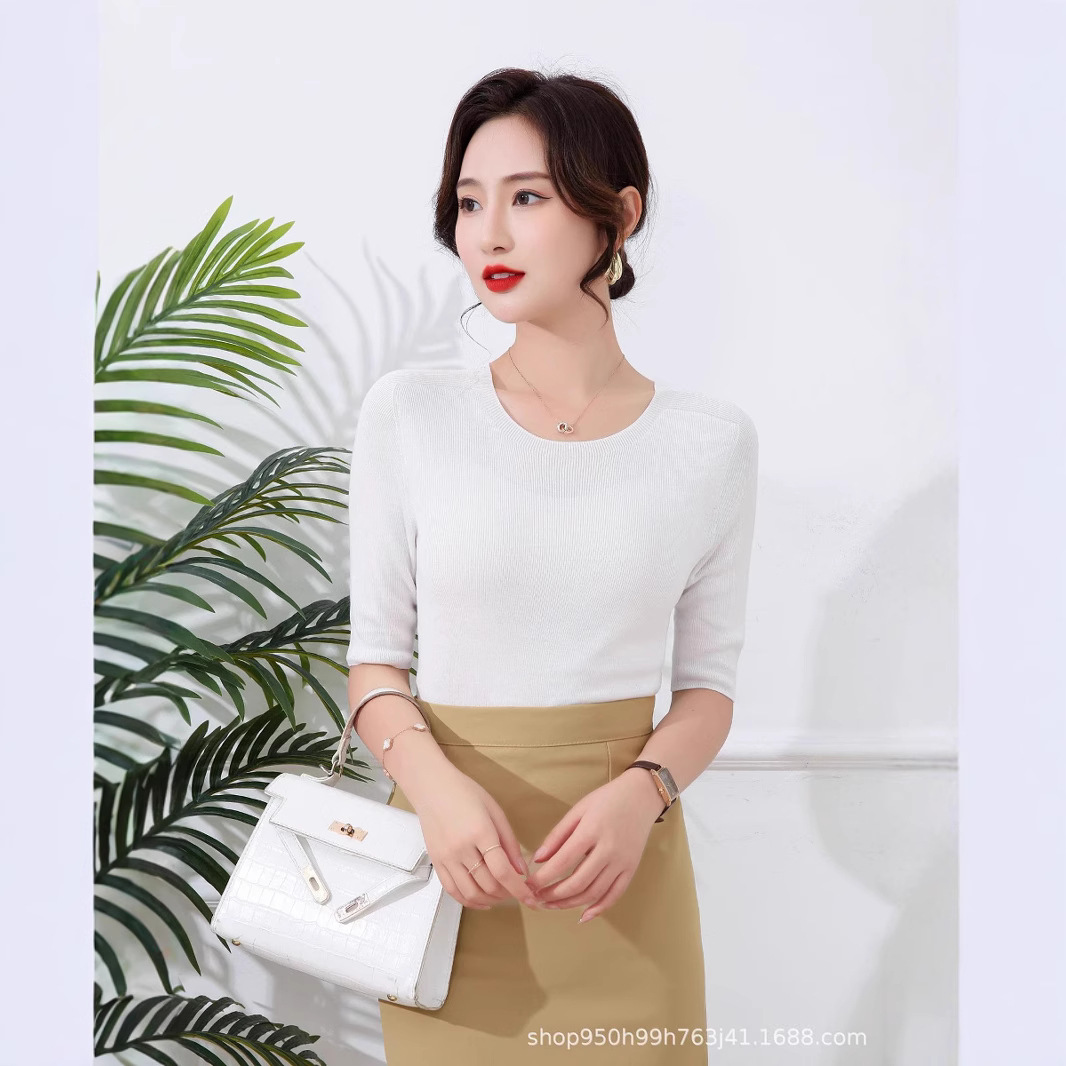 100-day Silesell Summer Thin, machine-washable short-sleeved T-shirt for women, round-neck pullover knitted seamless T-shirt top