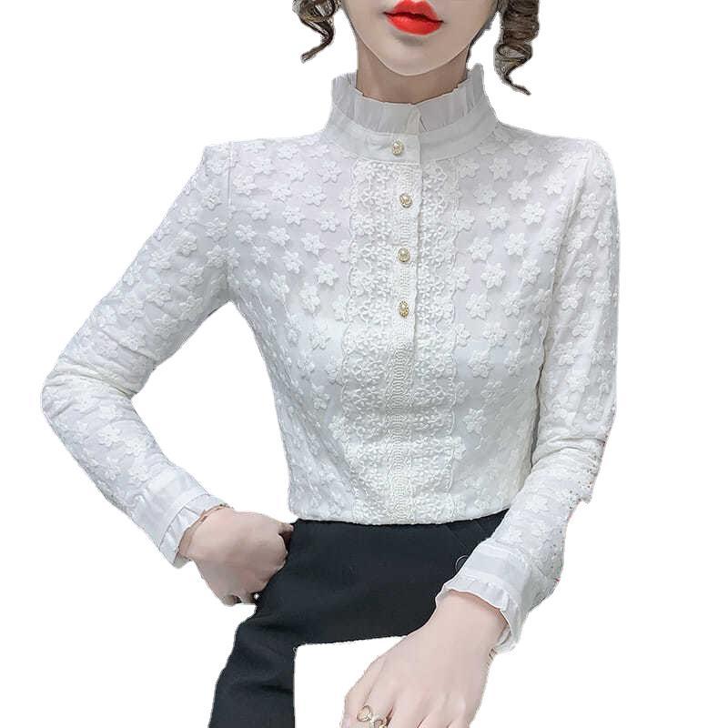 A high-end lace base layer shirt with added fleece and thickening for women in 2022, a stylish long-sleeved, warm and versatile top Item Picture