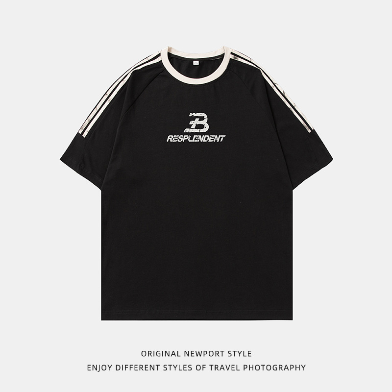 A new summer loose, pure cotton, broken letter printed short-sleeved T-shirt for men with contrasting color stripes and shoulder sleeves Item Picture