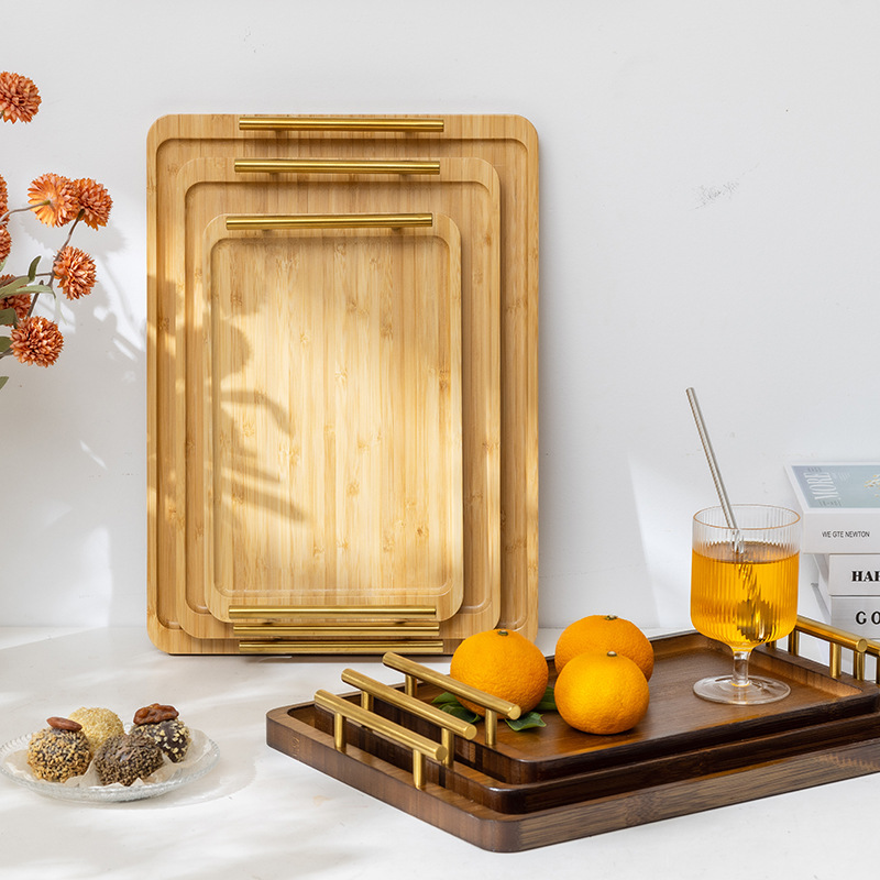 直角茶具竹制托盘实木带提手现代中式小茶盘木质托盘家用酒店茶盘