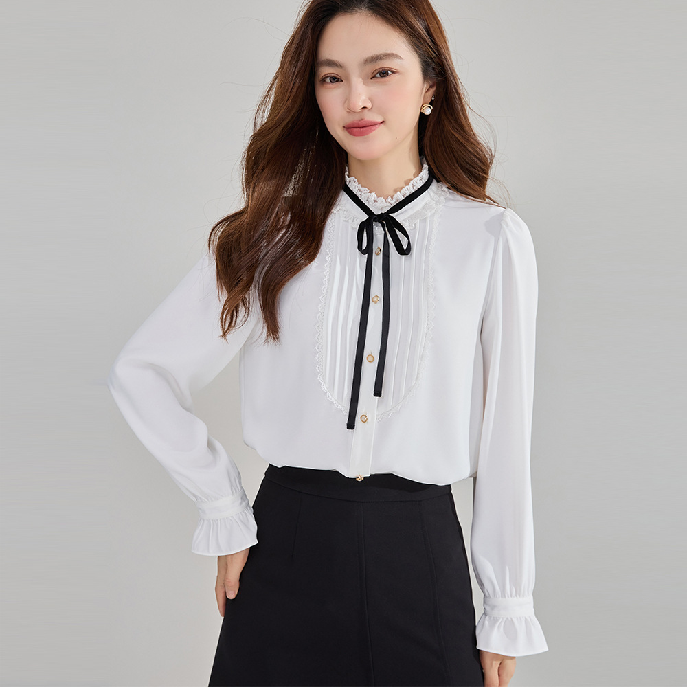 25 Autumn New style patchwork lace edge bow drape slimming puffed-sleeve chiffon shirt for women 22336