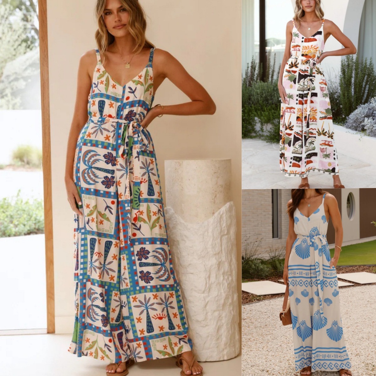 2025 Cross-border Amazon Summer New printed V-neck loose belt waist-cinched casual halter jumpsuit for Europe and America
