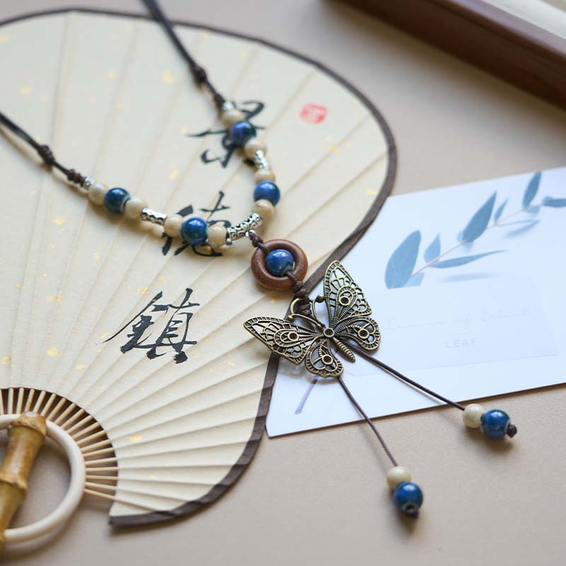 Wholesale of cultural and creative Jingdezhen ceramic necklaces, butterfly artistic ornaments, new Chinese-style artistic hand-woven necklaces details Picture