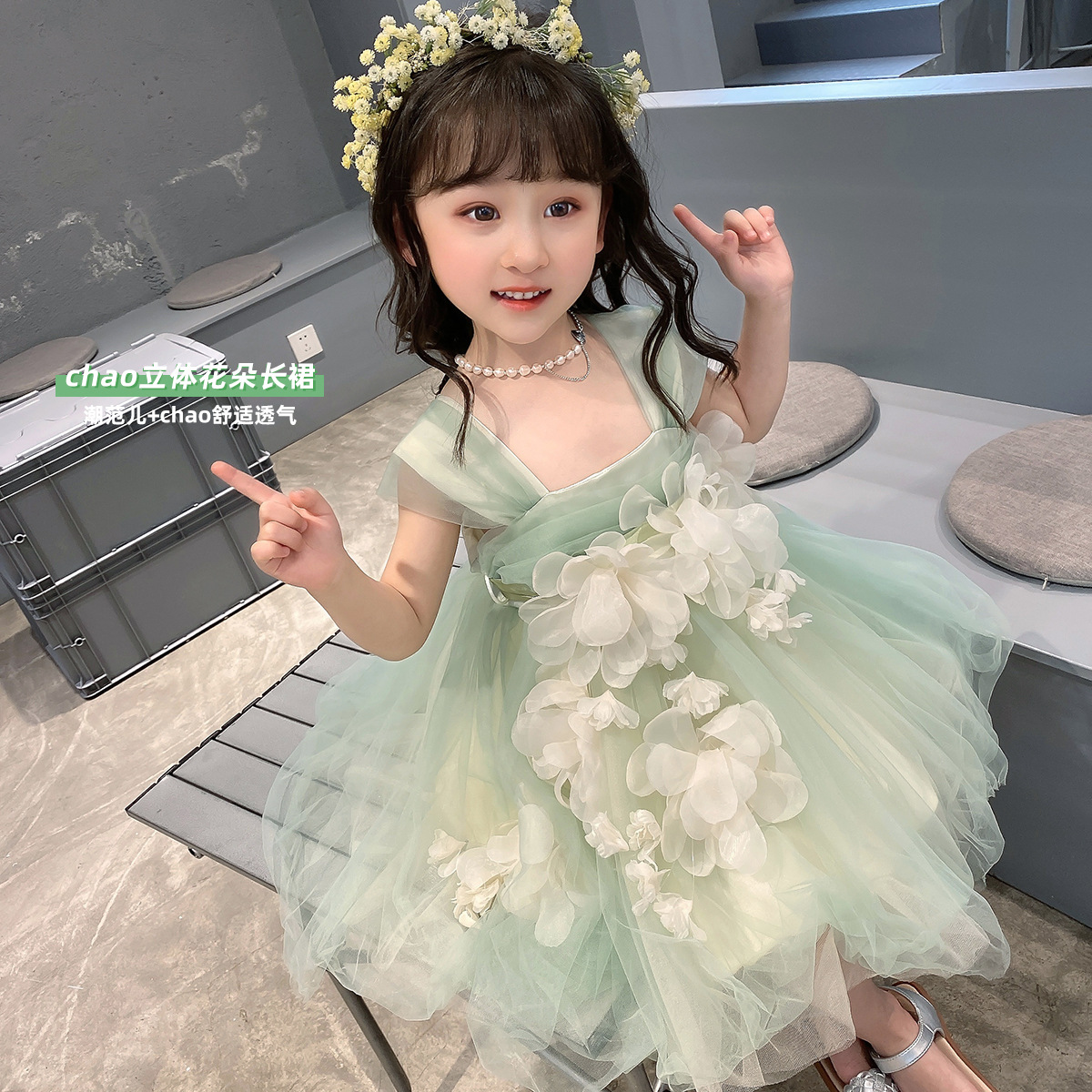 女童2022新款儿童生日聚会夏款女孩连衣裙 6.1舞蹈裙花朵公主裙