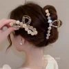 Elegant little camellia flower bead claw clip, large hair volume, high-end updo shark clip for women at the back of the head details Picture